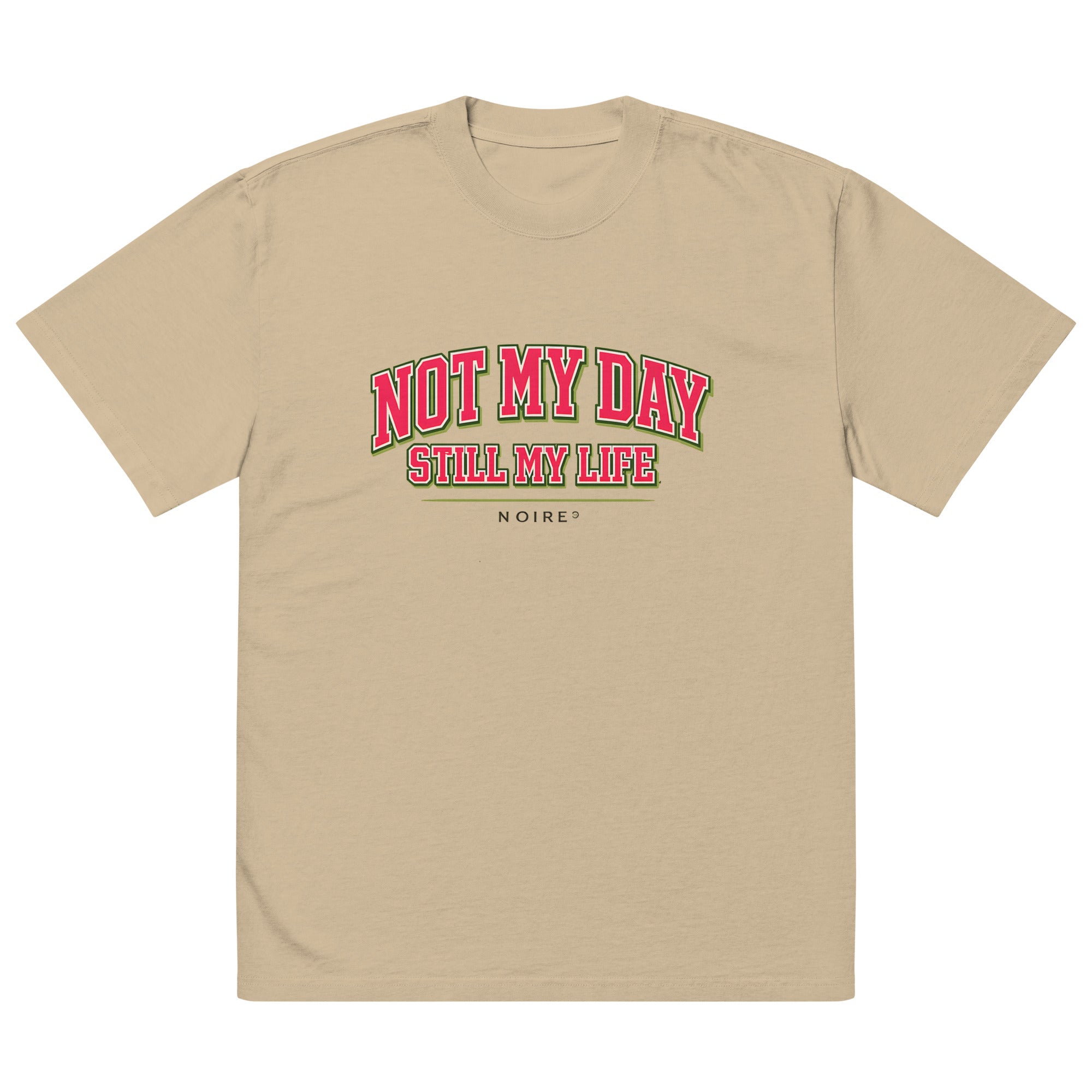 Khaki oversized t-shirt with red vintage typography print, front view – artistic streetwear by Noiré.