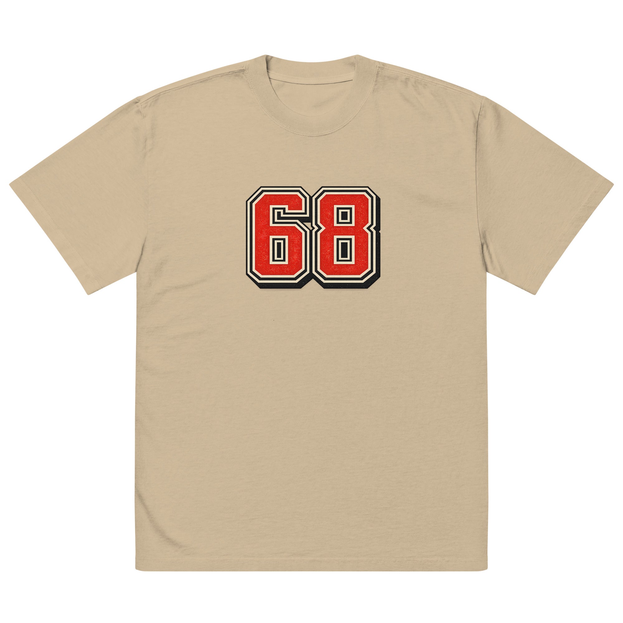 Oversized khaki t-shirt with red varsity 68 graphic front print