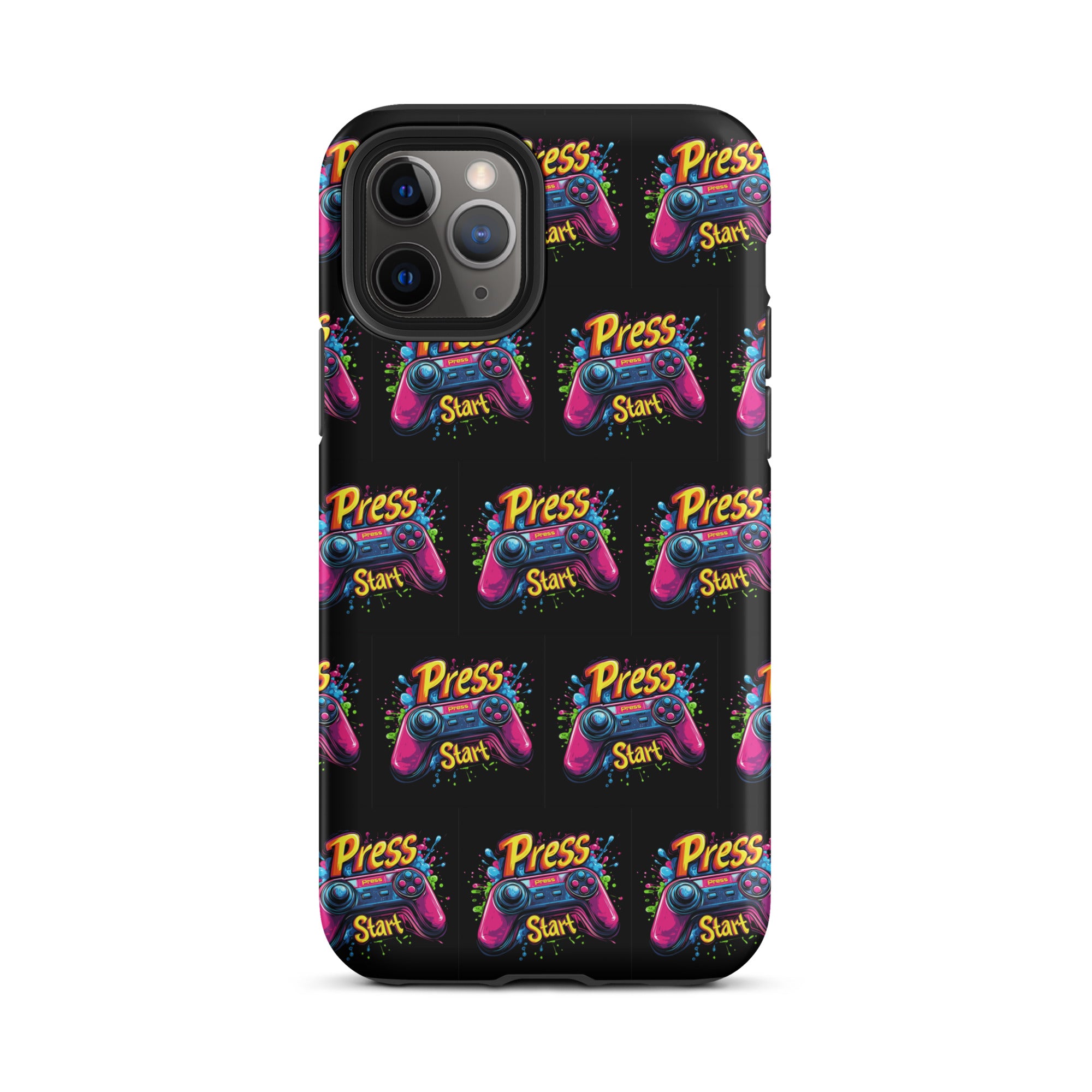 MagSafe iPhone case Press Start neon gaming pattern studio view