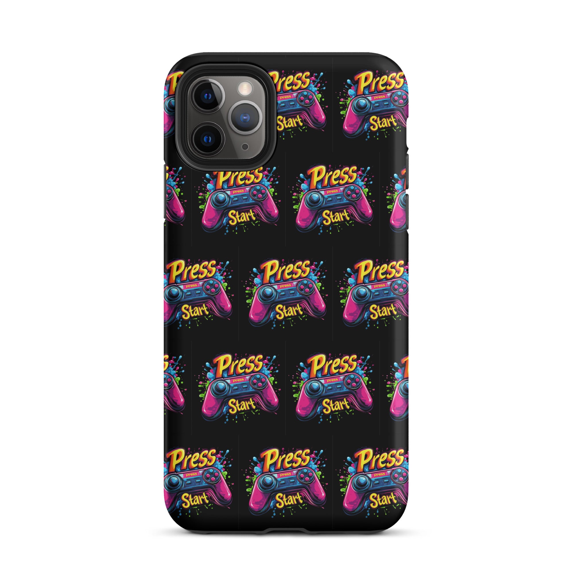 Press Start iPhone case MagSafe compatible repeating neon gamer artwork