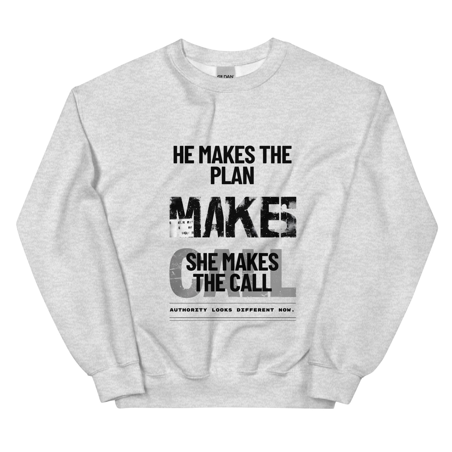 Ash unisex sweatshirt front view with strong typographic graphic, urban streetwear crewneck