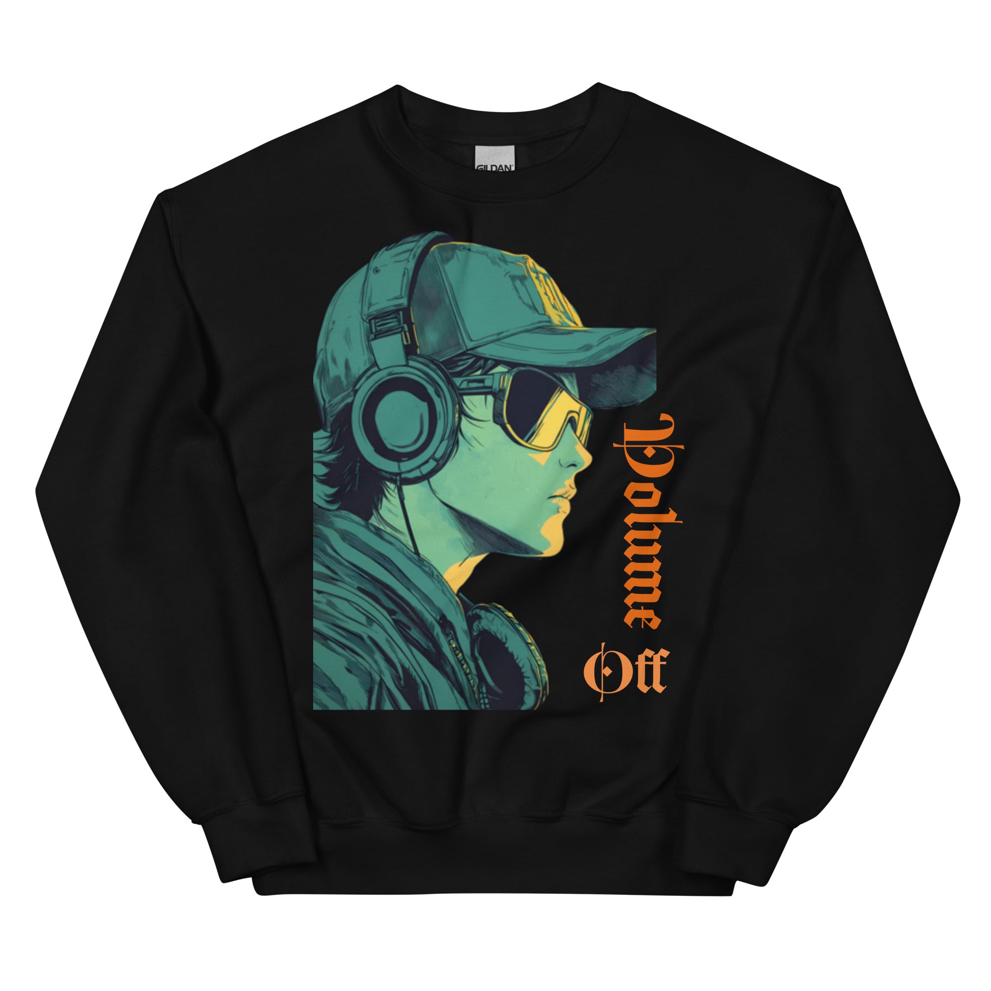 Black sweatshirt featuring large side-profile graphic of person wearing headphones and sunglasses with vertical “Volume Off” text in orange.