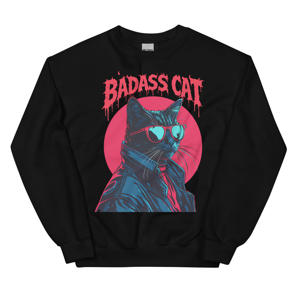 Black sweatshirt featuring large Badass Cat graphic with sunglasses-wearing cat in leather jacket and red circle background.