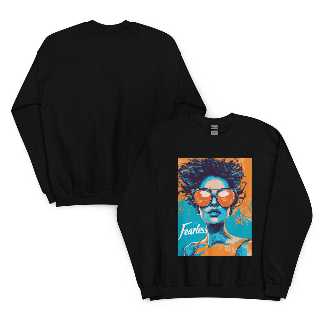 Fearless graphic sweatshirt in black with bold streetwear illustration, unisex crew neck