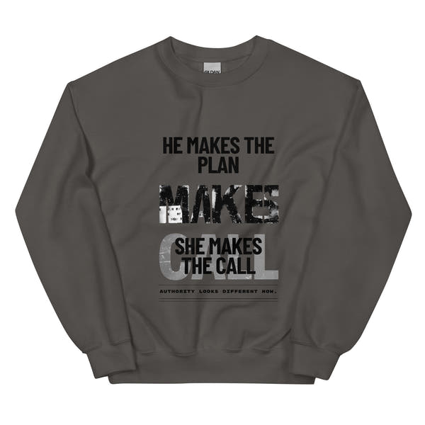 Charcoal unisex sweatshirt front view featuring bold typography graphic, minimalist streetwear style