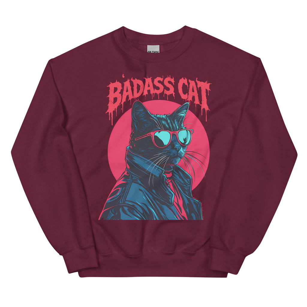 Red sweatshirt featuring large Badass Cat graphic with sunglasses-wearing cat in leather jacket and red circle background.