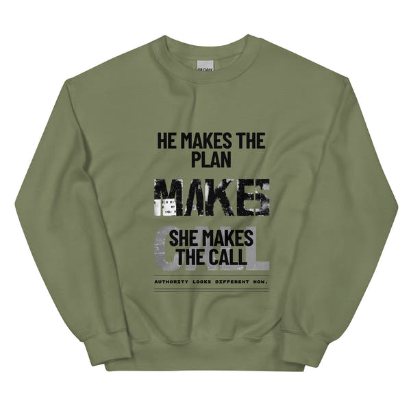 Military Green unisex sweatshirt front view with statement text design, clean modern streetwear crewneck
