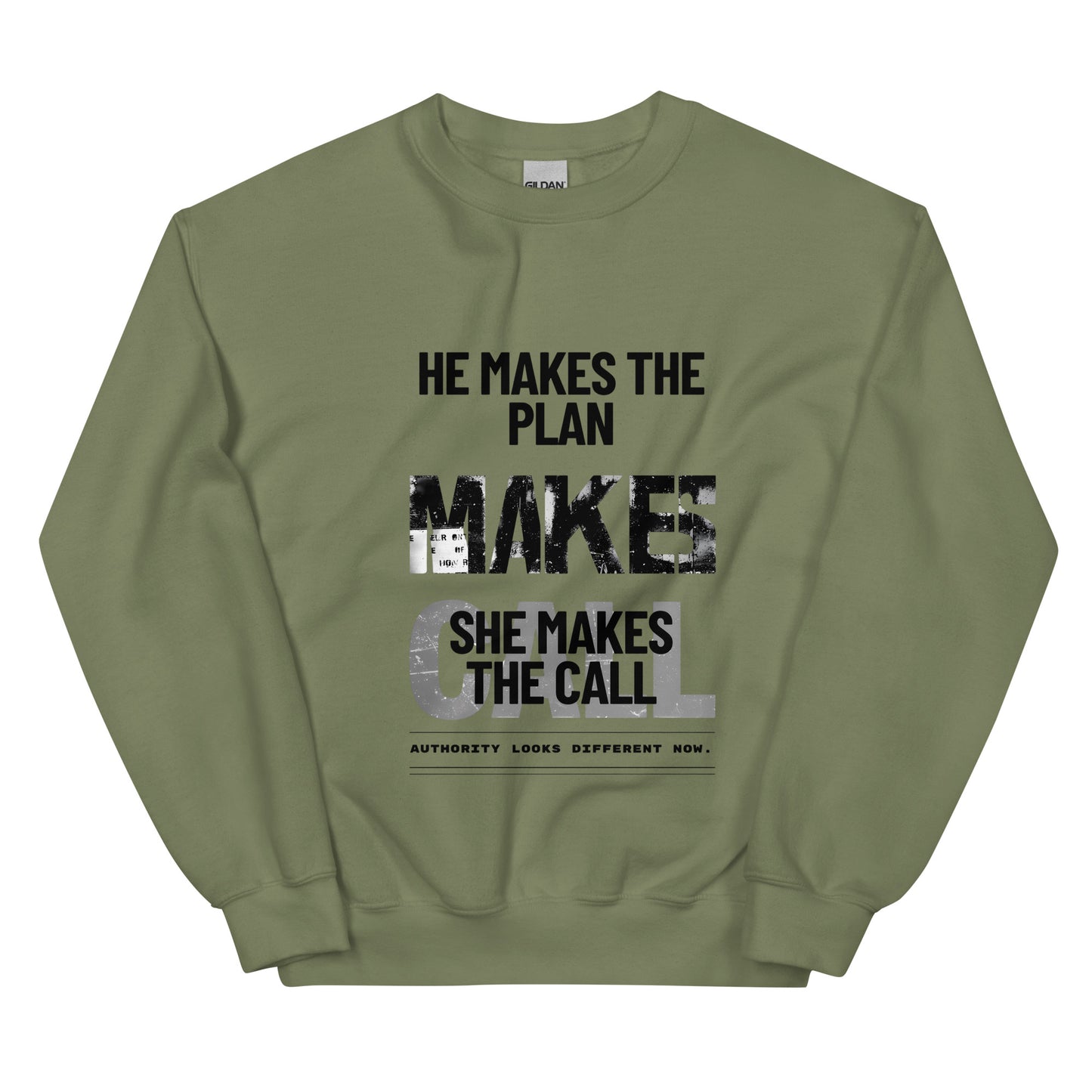 Military Green unisex sweatshirt front view with statement text design, clean modern streetwear crewneck