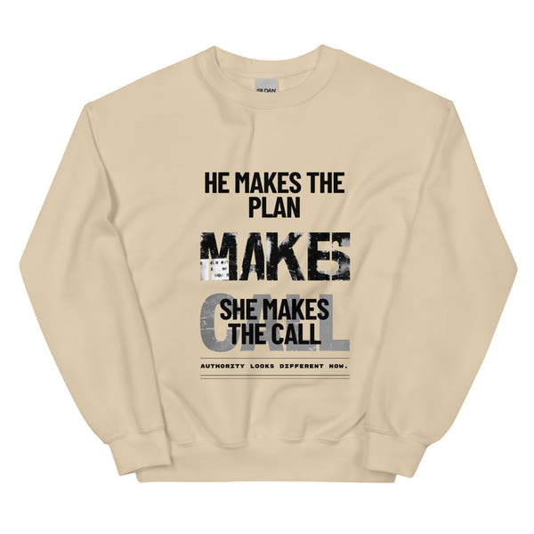 Sand unisex sweatshirt front view with bold lettering print, contemporary streetwear sweatshirt