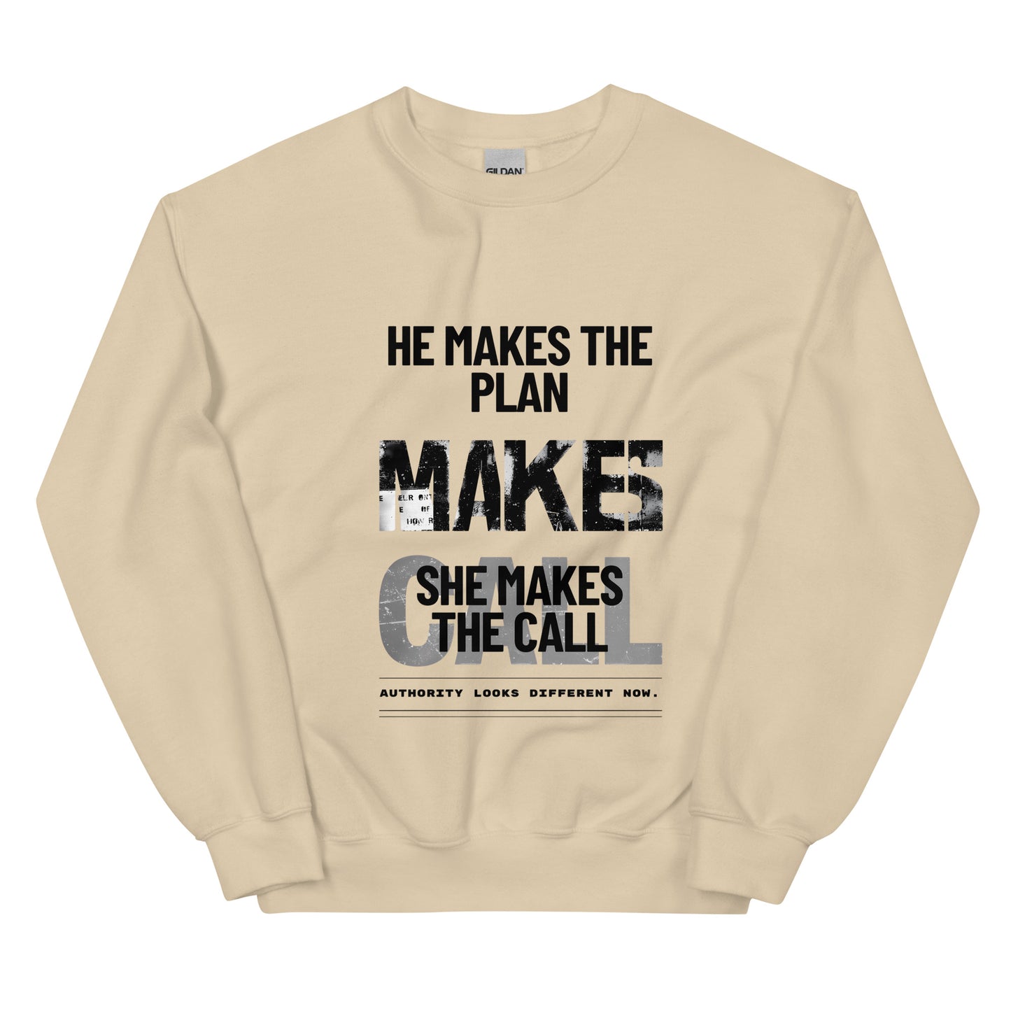 Sand unisex sweatshirt front view with bold lettering print, contemporary streetwear sweatshirt