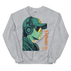 Sport grey sweatshirt featuring large side-profile graphic of person wearing headphones and sunglasses with vertical “Volume Off” text in orange.