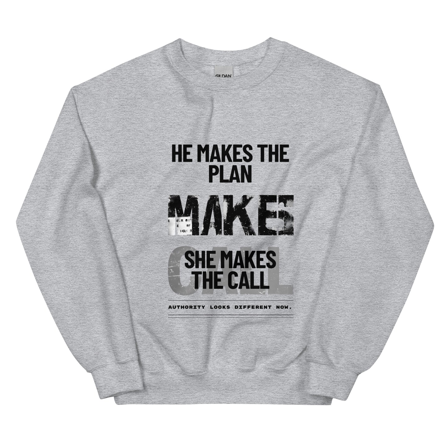 Sport grey unisex sweatshirt front view with strong typographic graphic, urban streetwear crewneck