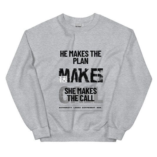 Sport grey unisex sweatshirt front view with strong typographic graphic, urban streetwear crewneck