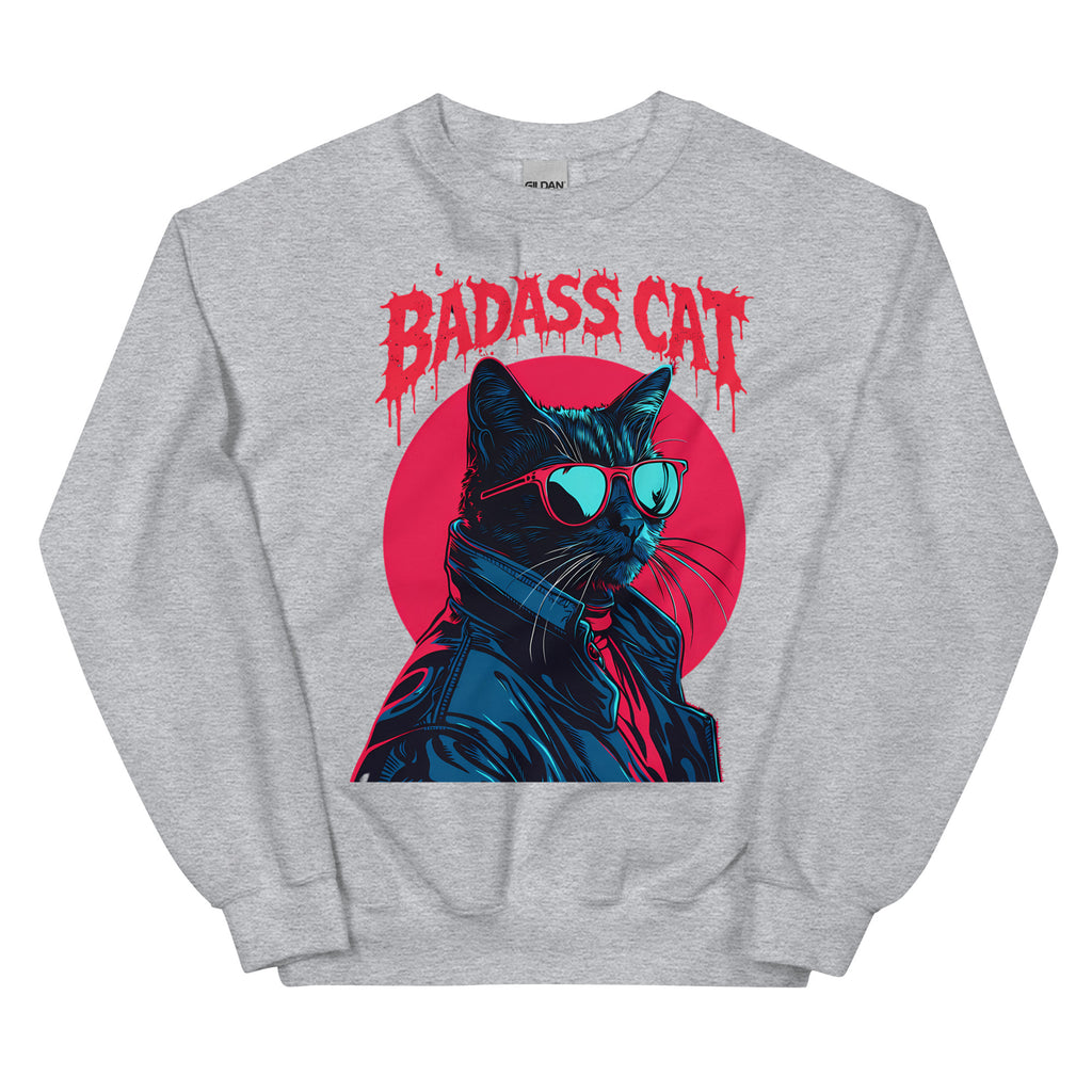 Sport grey sweatshirt featuring large Badass Cat graphic with sunglasses-wearing cat in leather jacket and red circle background.