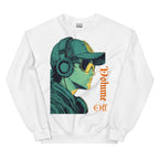 White sweatshirt featuring large side-profile graphic of person wearing headphones and sunglasses with vertical “Volume Off” text in orange.