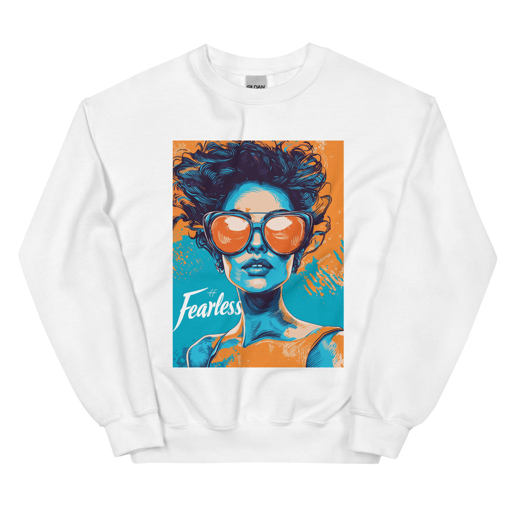 Fearless graphic sweatshirt in white featuring bold streetwear illustration, unisex crewneck 
