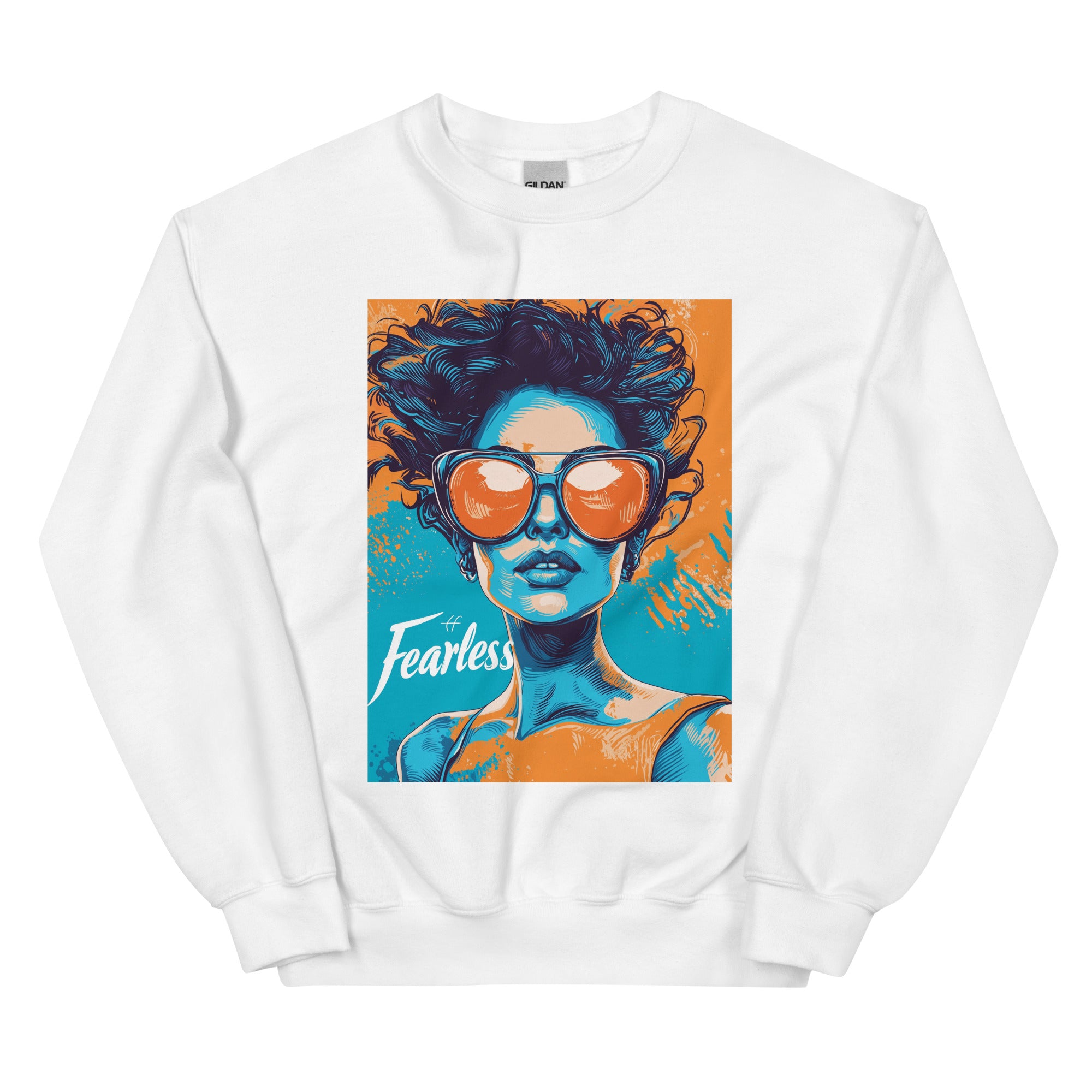 Fearless graphic sweatshirt in white featuring bold streetwear illustration, unisex crewneck 
