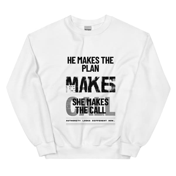 White unisex sweatshirt front view with bold typographic statement print, modern streetwear crewneck