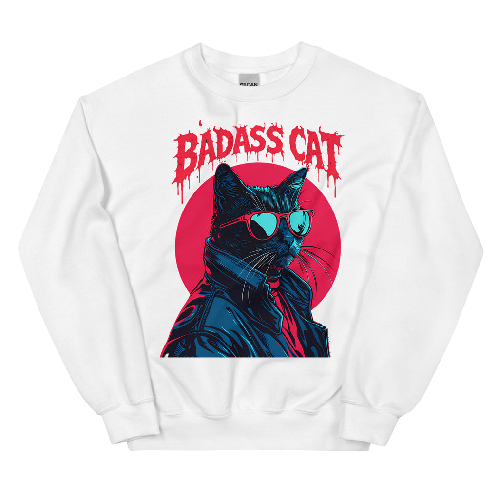 White sweatshirt featuring large Badass Cat graphic with sunglasses-wearing cat in leather jacket and red circle background.