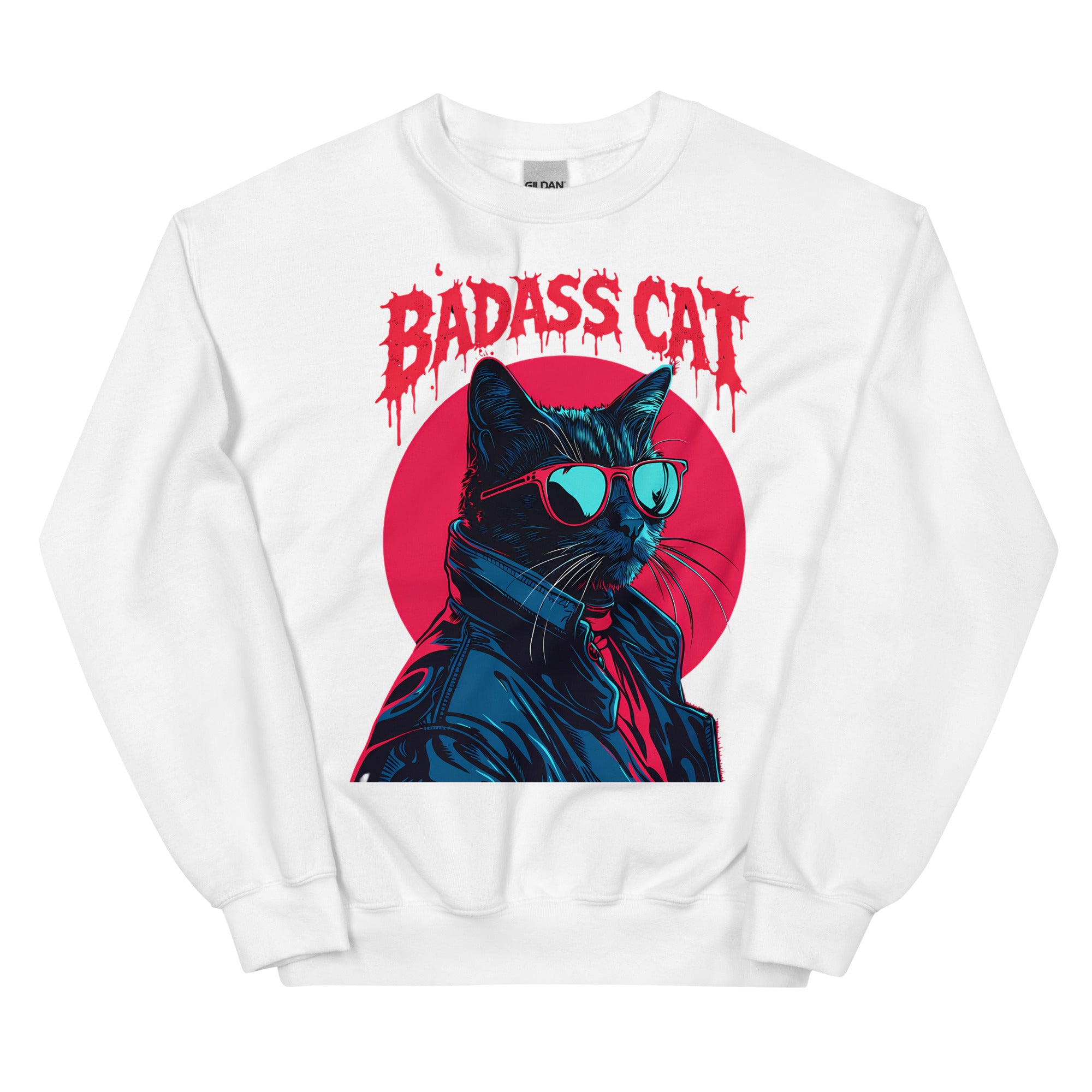 White sweatshirt featuring large Badass Cat graphic with sunglasses-wearing cat in leather jacket and red circle background.