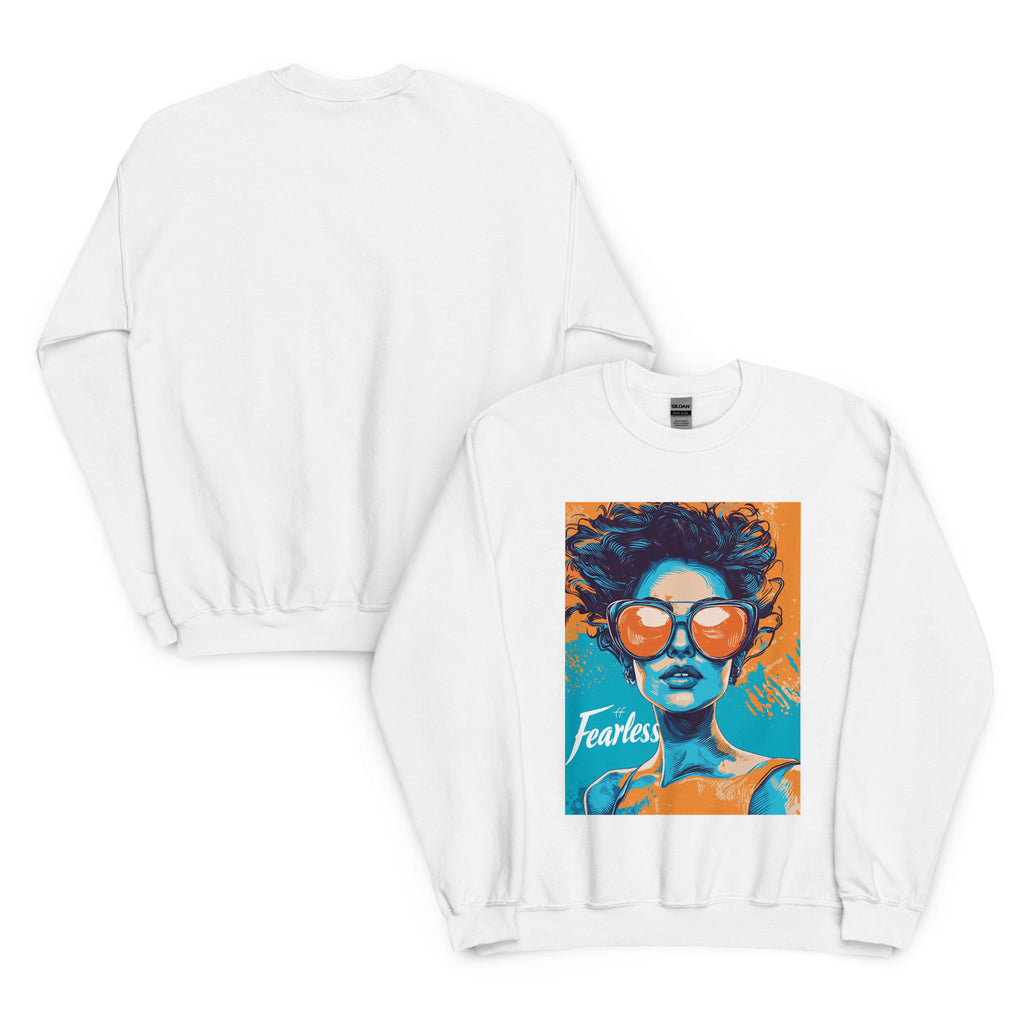 Fearless graphic sweatshirt in white featuring bold streetwear illustration, unisex crewneck 