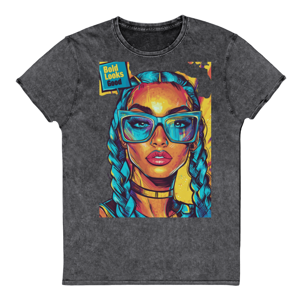 Denim grey unisex graphic t-shirt with colorful pop art portrait design