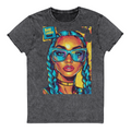 Denim grey unisex graphic t-shirt with colorful pop art portrait design