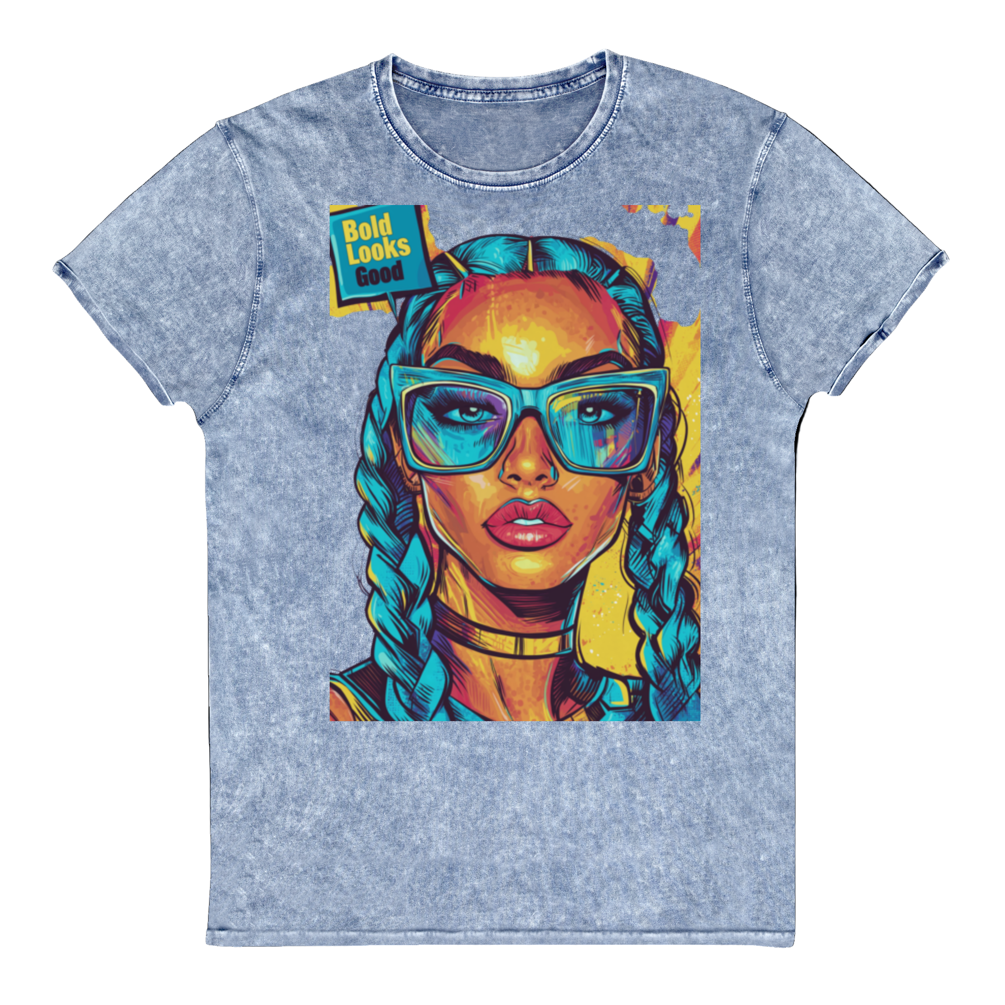 Denim blue unisex graphic t-shirt with colorful pop art portrait design