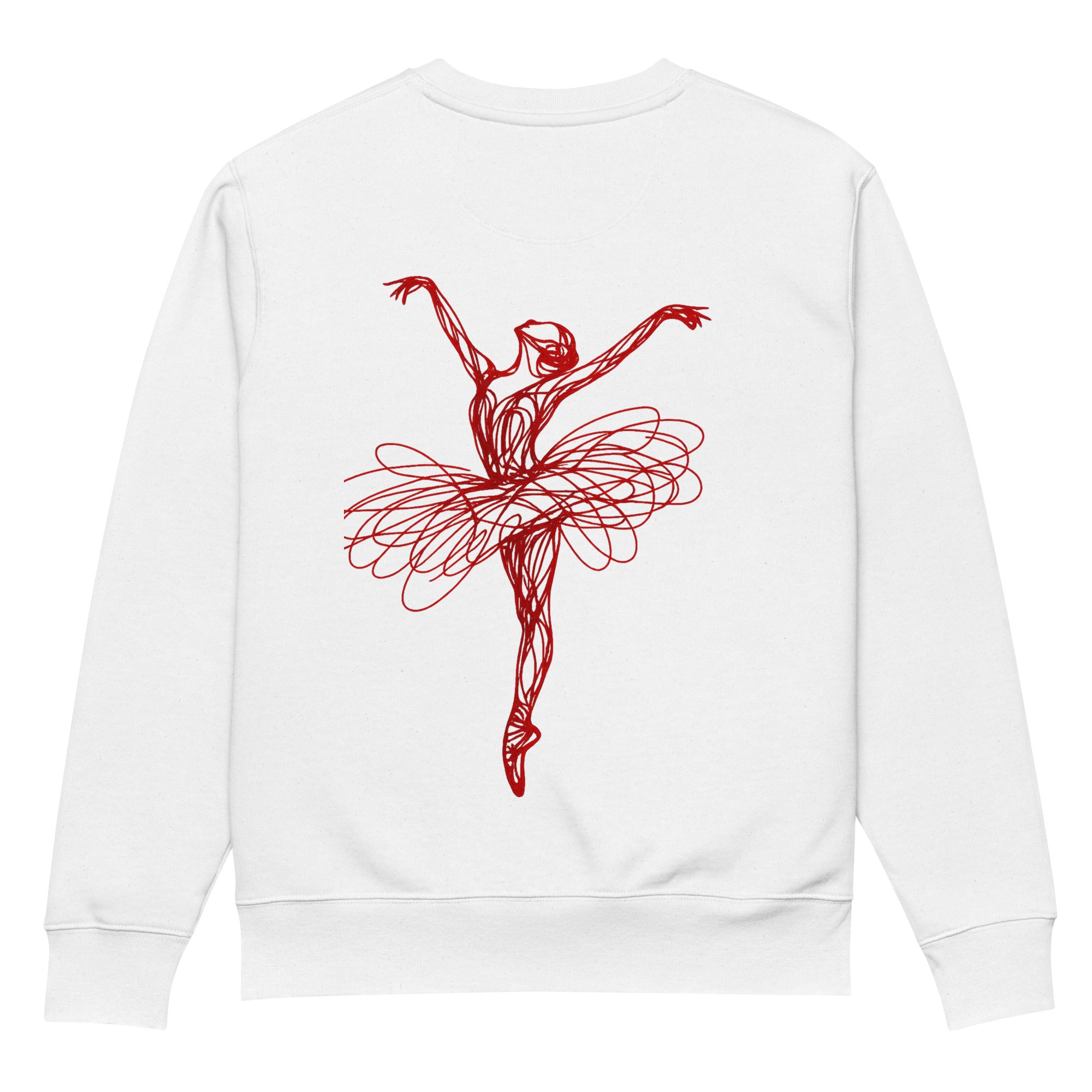 flat lay back view white ballerina graphic sweatshirt red sketch dancer print urban streetwear fashion