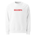 front view white oversized ballerina sweatshirt red logo minimalist graphic streetwear fashion