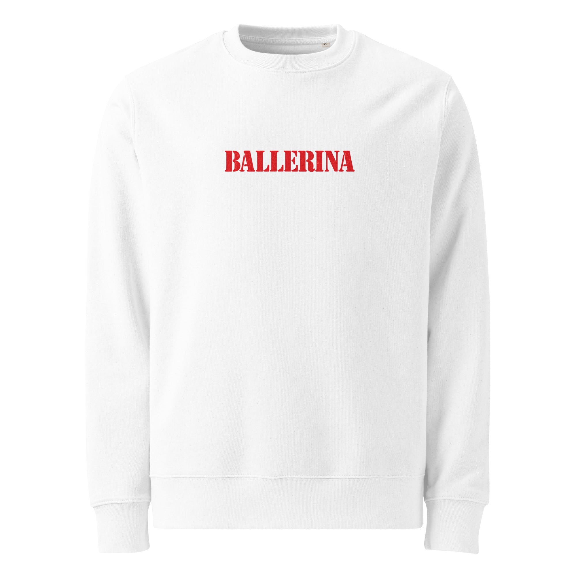 front view white oversized ballerina sweatshirt red logo minimalist graphic streetwear fashion