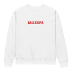 flat lay front view white ballerina statement sweatshirt red typography graphic streetwear fashion