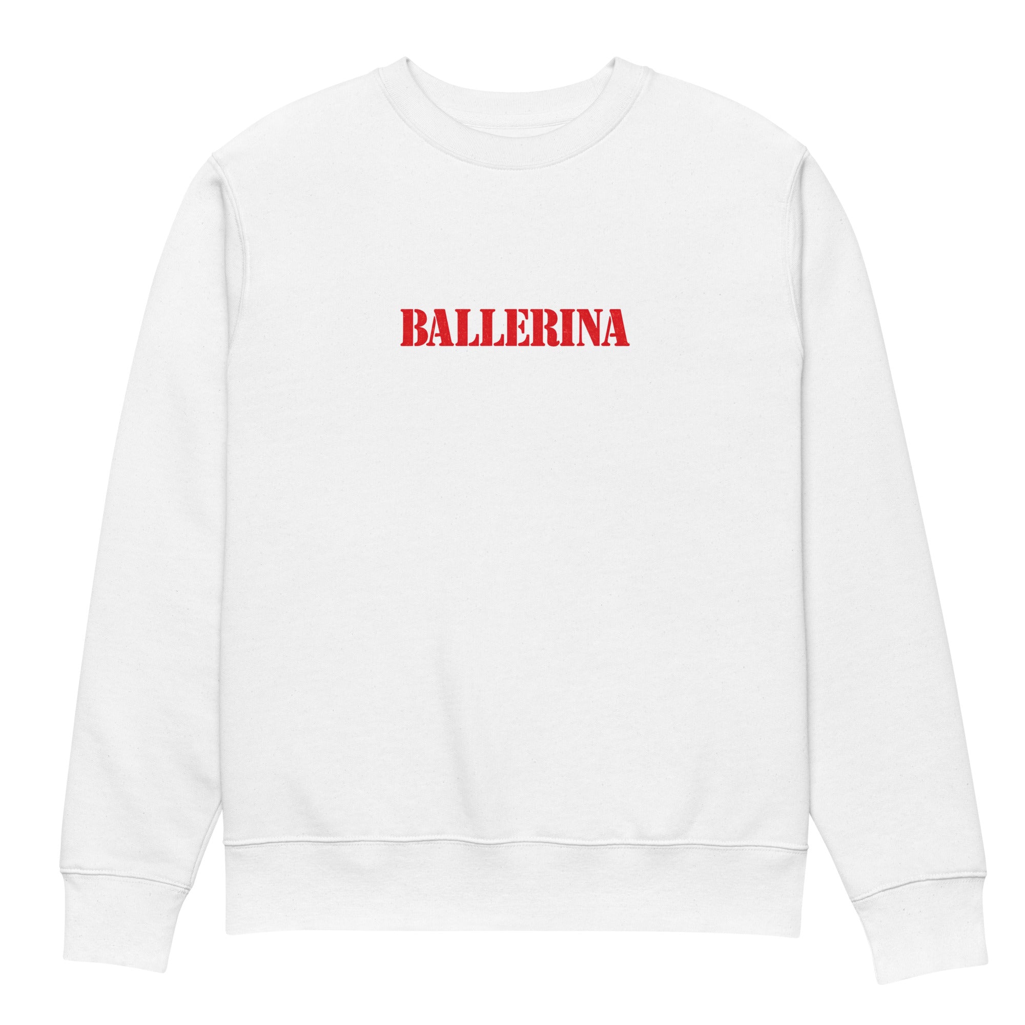 flat lay front view white ballerina statement sweatshirt red typography graphic streetwear fashion