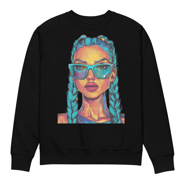 Black oversized unisex sweatshirt front view with colorful illustrated woman wearing turquoise sunglasses and braided hair, artistic streetwear pullover