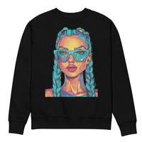 Black oversized unisex sweatshirt front view with colorful illustrated woman wearing turquoise sunglasses and braided hair, artistic streetwear pullover