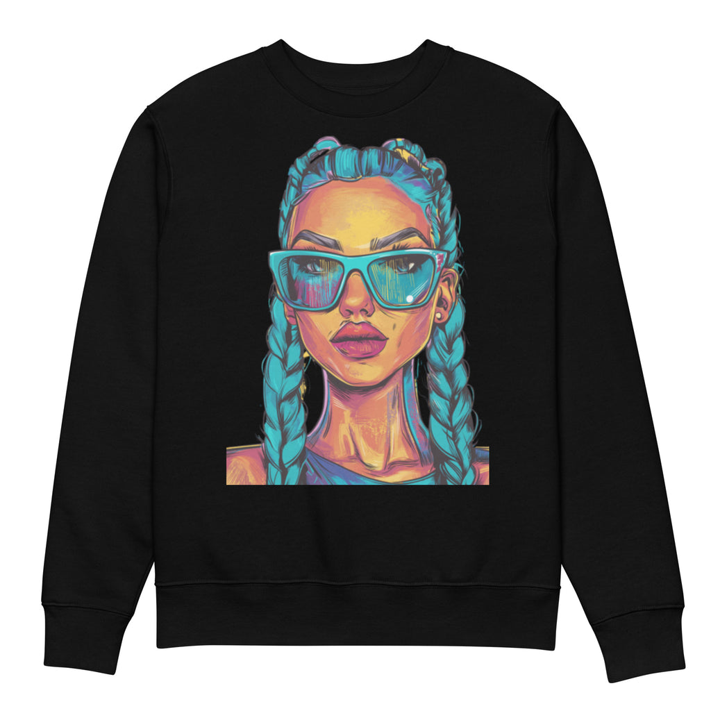 Black oversized unisex sweatshirt front view with colorful illustrated woman wearing turquoise sunglasses and braided hair, artistic streetwear pullover