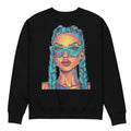 Black oversized unisex sweatshirt front view with colorful illustrated woman wearing turquoise sunglasses and braided hair, artistic streetwear pullover