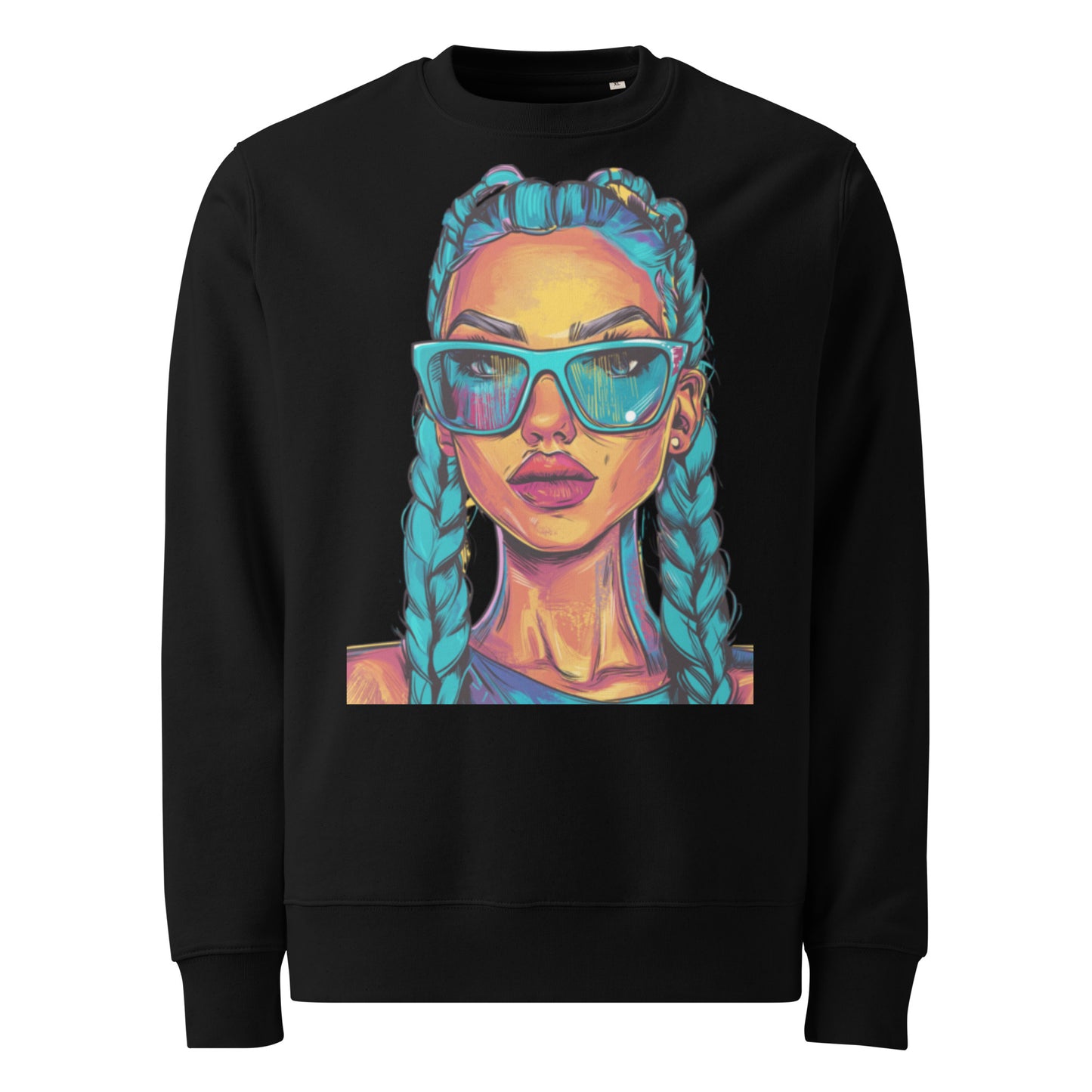 Black oversized unisex sweatshirt front view with colorful illustrated woman wearing turquoise sunglasses and braided hair, artistic streetwear pullover