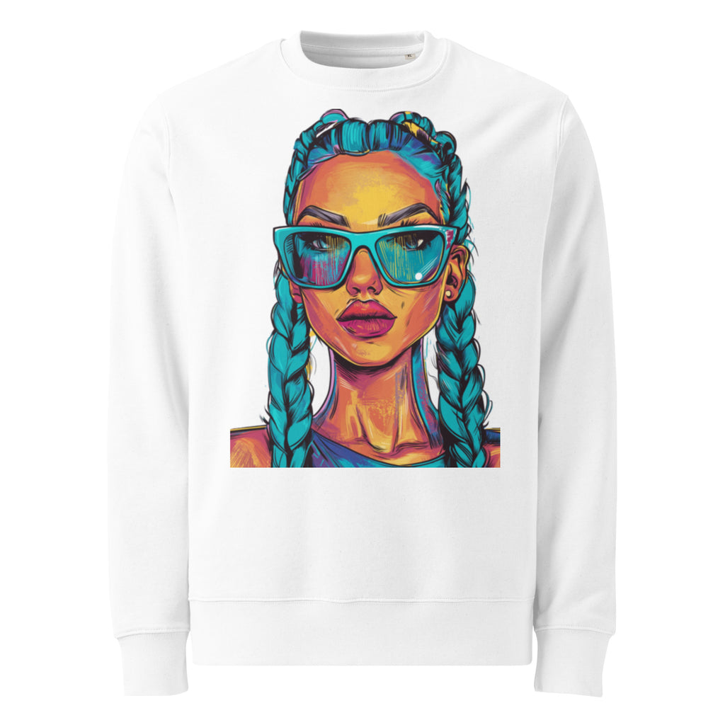 White oversized unisex sweatshirt front view with colorful illustrated woman wearing turquoise sunglasses and braided hair, artistic streetwear pullover