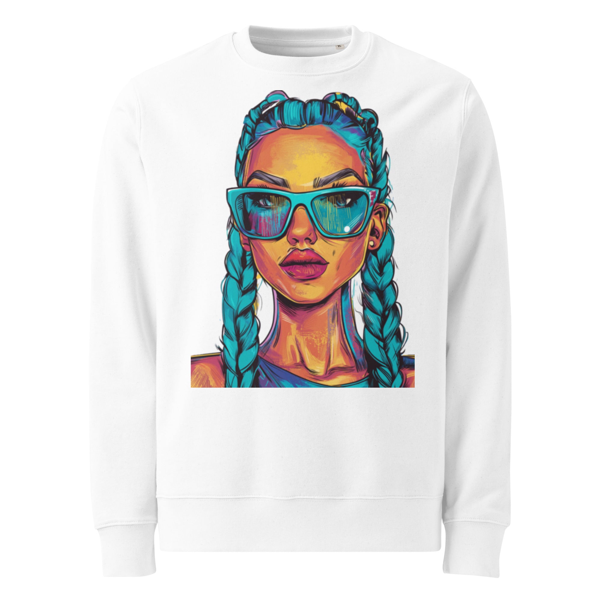 White oversized unisex sweatshirt front view with colorful illustrated woman wearing turquoise sunglasses and braided hair, artistic streetwear pullover