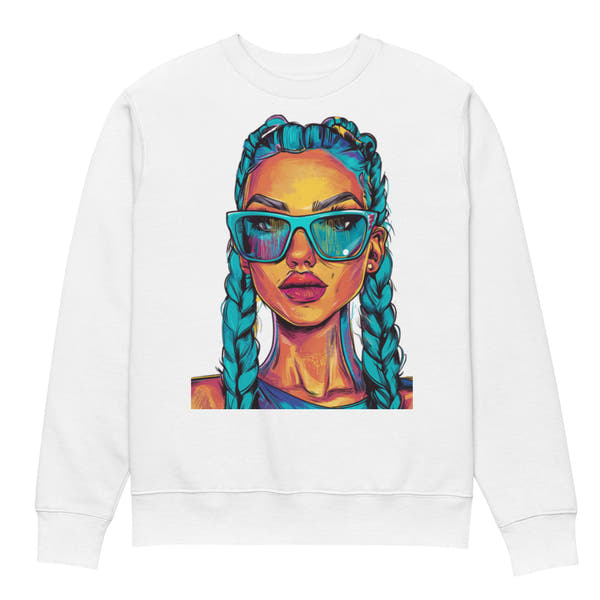 White oversized unisex sweatshirt front view with colorful illustrated woman wearing turquoise sunglasses and braided hair, artistic streetwear pullover