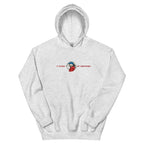 Ash oversized streetwear hoodie front view with small chest skull graphic and red “Iconic / Unbothered” text print, neutral background.
