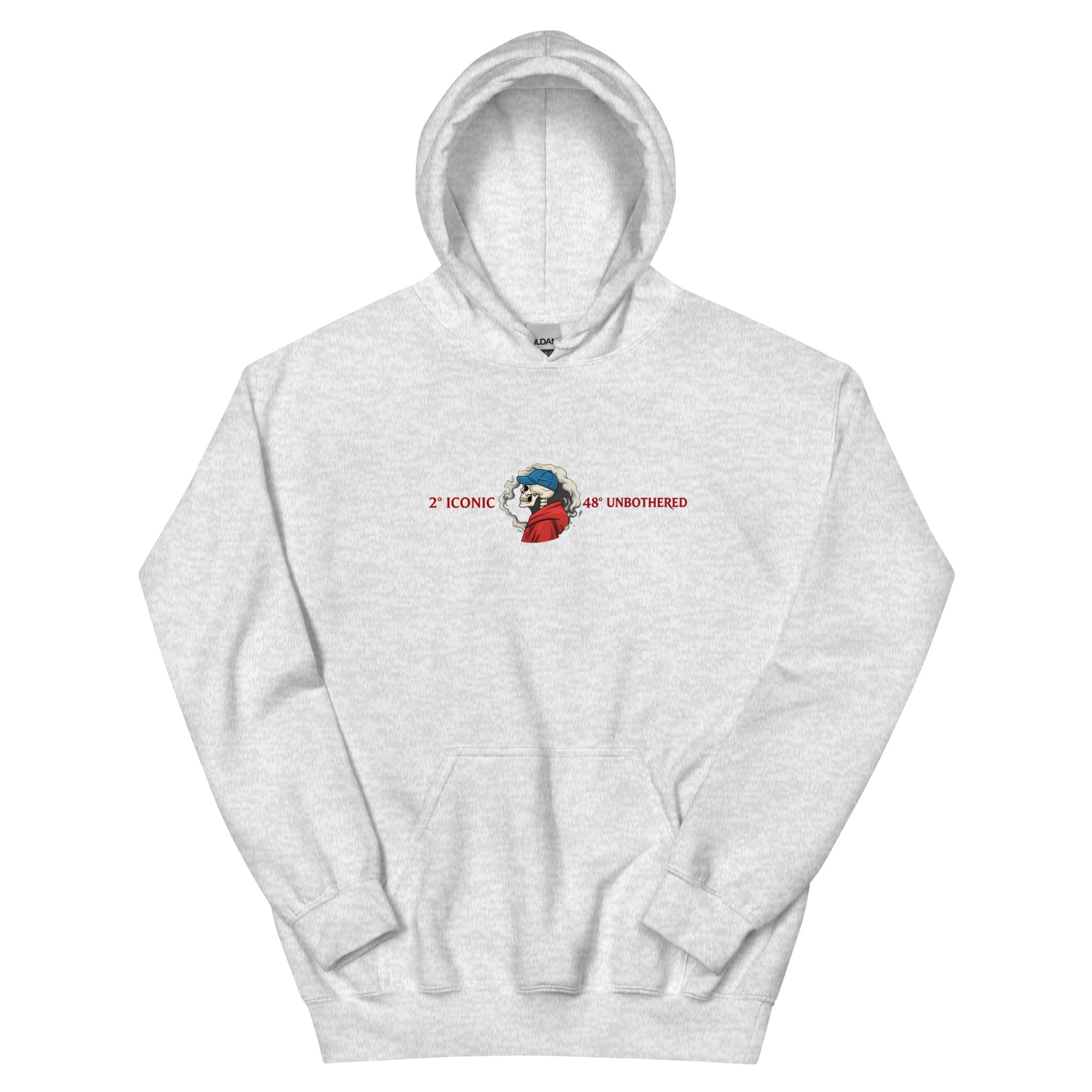 Ash oversized streetwear hoodie front view with small chest skull graphic and red “Iconic / Unbothered” text print, neutral background.