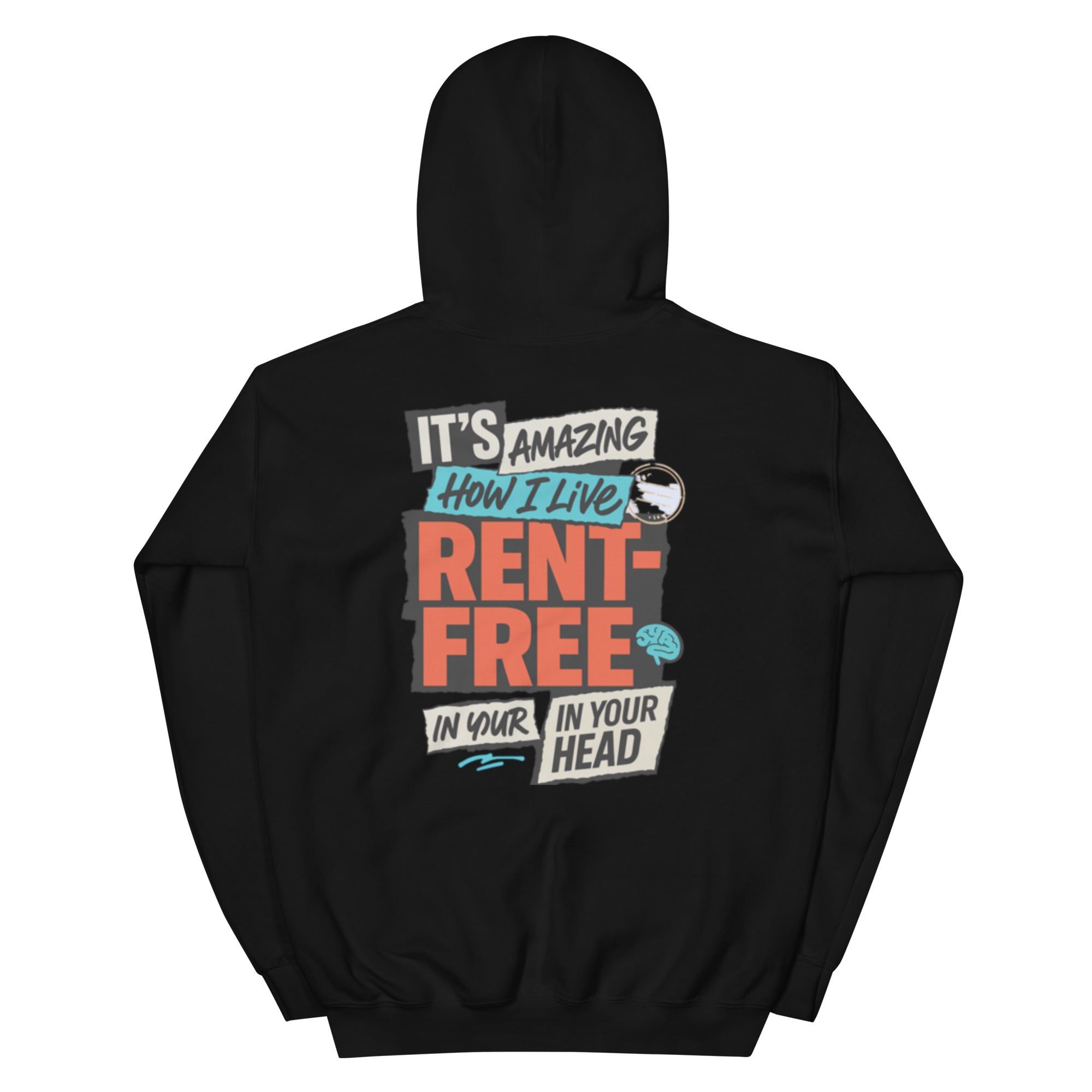 Oversized black streetwear hoodie with rent free in your head bold collage typography graphic, large back print, back view
