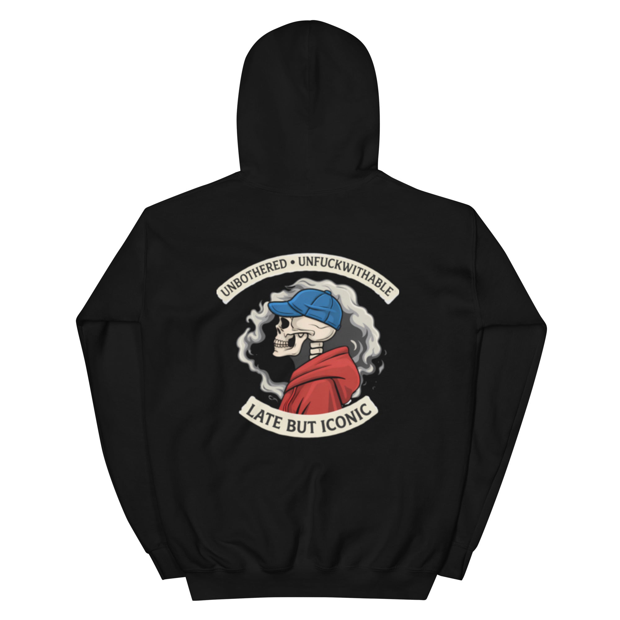 Black oversized graphic hoodie with large back print design and minimal front emblem detail