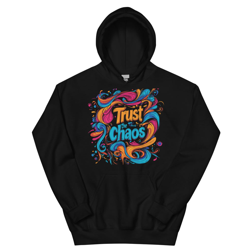 Oversized black streetwear hoodie with colorful trust the chaos typography and abstract paint swirl graphic, front view