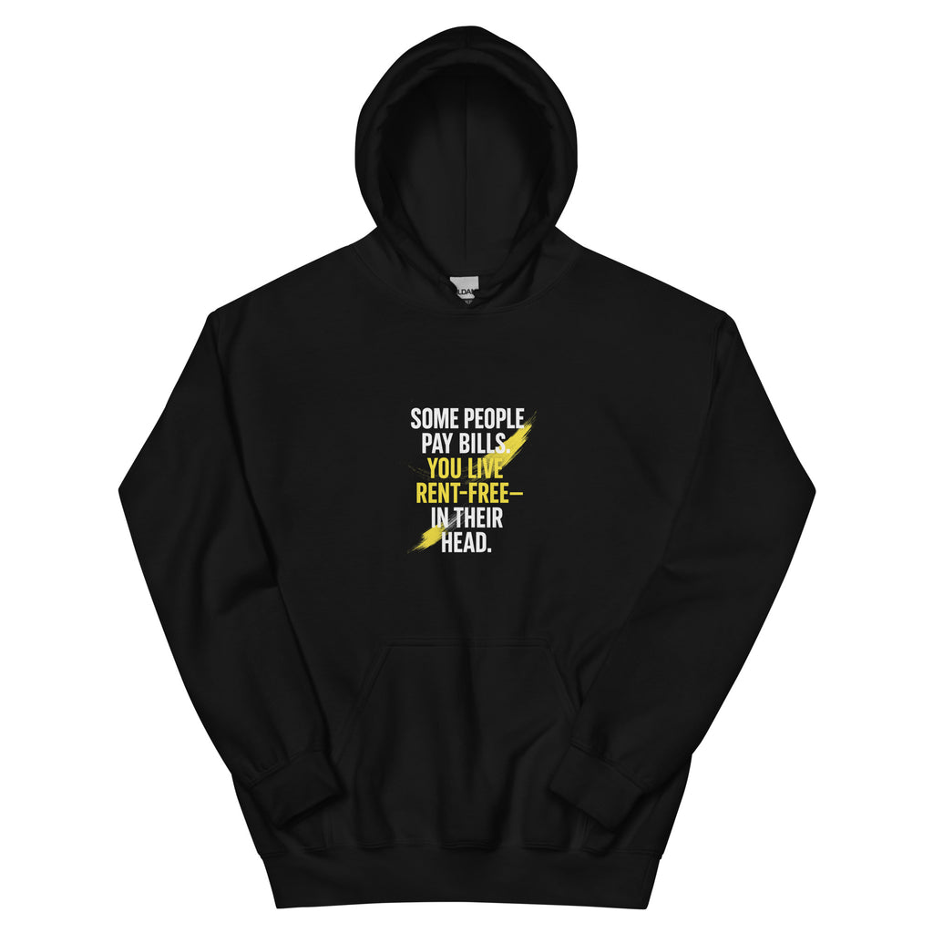 Oversized black streetwear hoodie with small rent free mindset typography graphic on chest in white and yellow, minimal front design, front view