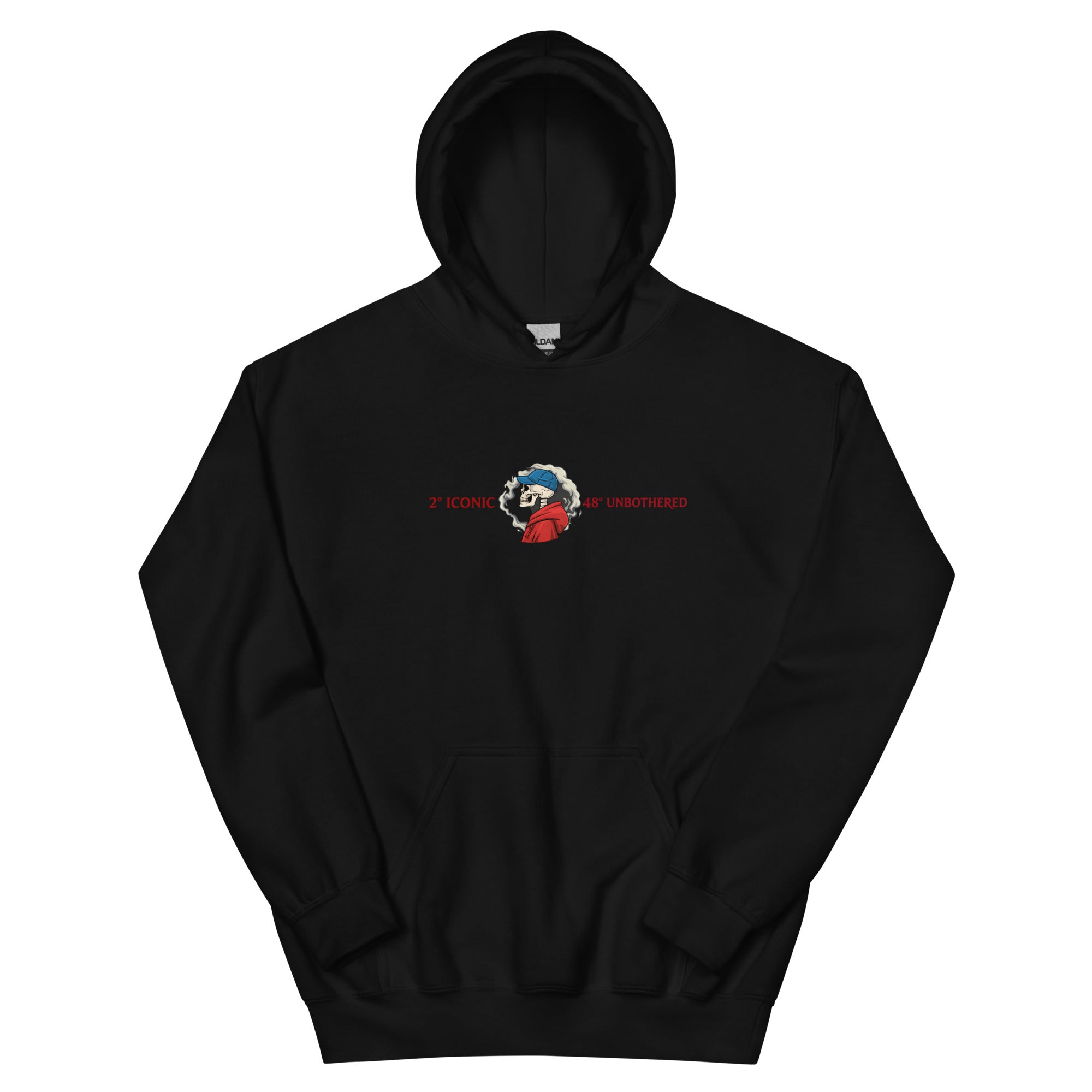 Black oversized streetwear hoodie front view with small chest skull graphic and red “Iconic / Unbothered” text print, neutral background.