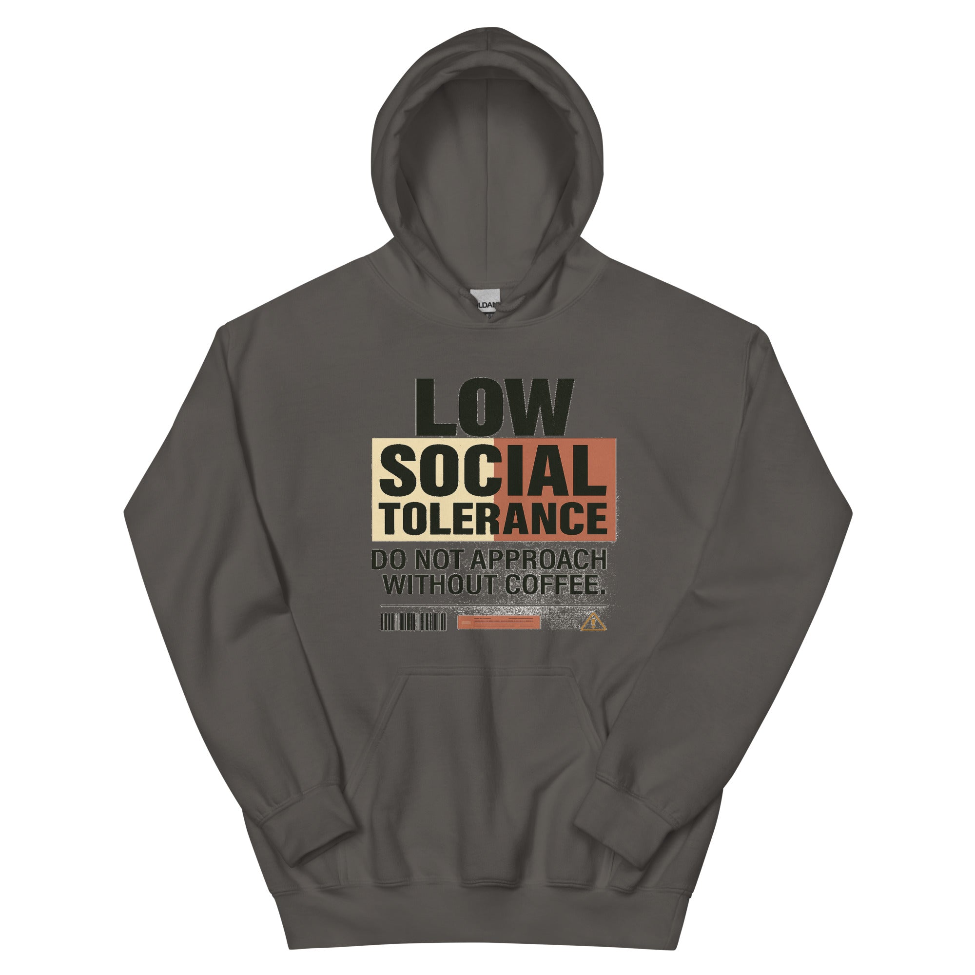 Dark charcoal hoodie with Low Social Tolerance front typography design, urban streetwear sweatshirt