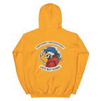 Mustard yellow oversized unisex hoodie with bold illustrated back graphic, modern streetwear style